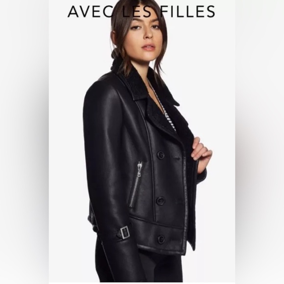 Avec les Filles Anthropologie NEW Black Faux Leather/Shearling Jacket - Picture 3 of 16